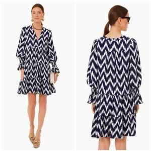 Pomander Place Navy White Ikat Kenzo Dress Chevron Tiered Mini Women's Medium